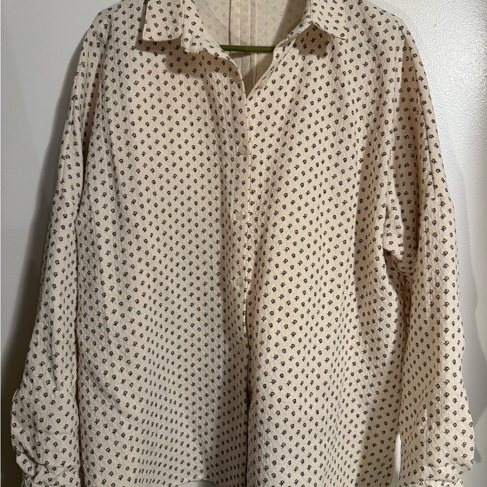 Light Cream Button-Down Shirt with Navy Dot Print